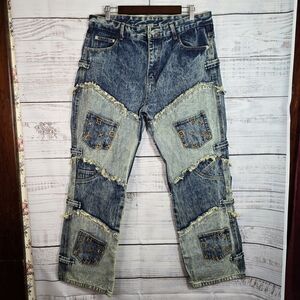 Y2K Patchwork Denim Jeans Size 38 Distressed Baggy Skater Streetwear Grunge